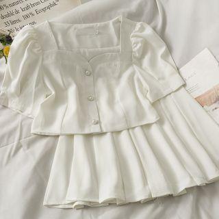 Set: Square-neck Crop Shirt + Pleated Mini Skirt
