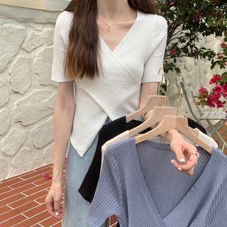V-neck Wrap Short-sleeve Knit Top
