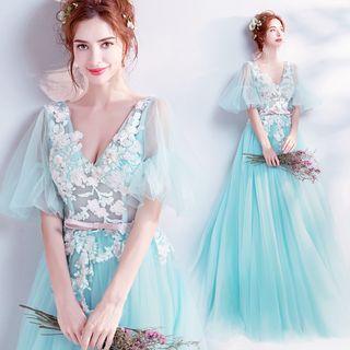 Flutter Sleeve Flower Applique Evening Gown