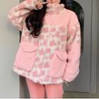 Long-sleeve Printed Fleece Jacket Pink - One Size