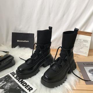 Knit Panel Platform Lace-up Ankle Boots