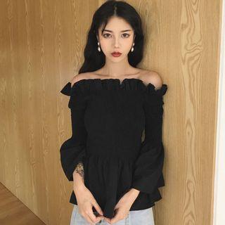 Off-shoulder Bell-sleeve Blouse Black - One Size