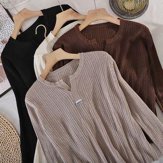 Open-placket Ribbed Knit Sweater