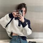 Contrast Trim Lapel Long-sleeve Knit Top Gray & Blue - One Size