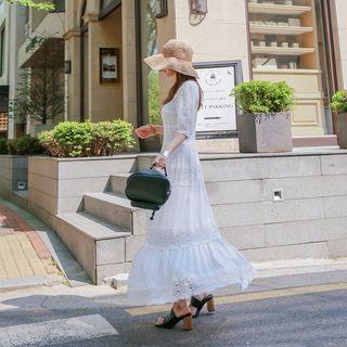 Puff-sleeve Lace-tiered Maxi Dress