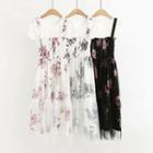 Set: Short-sleeve T-shirt + Sleeveless Floral Mesh Paneled A-line Midi Dress