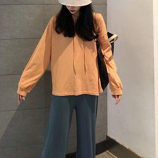 Long-sleeve Plain Hoodies / High-waist Plain Wide-leg Pants