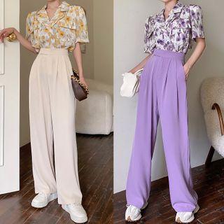 Short-sleeve Double-breasted Printed Blouse / High-waist Plain Wide-leg Pants