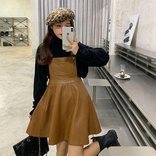 Turtleneck Sweater / Faux Leather Mini Overall Dress