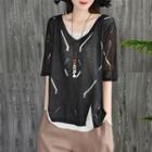 Mock Two-piece Elbow-sleeve Ripped T-shirt