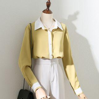 Long-sleeve Lapel Contrast Trim Pearl Button Shirt