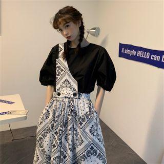 Elbow-sleeve Blouse / Printed Wide-leg Jumper Pants