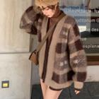 Color-block Plaid Long-sleeve Cardigan / Plain Turtle-neck Long-sleeve Top / High-waist Mini Skirt