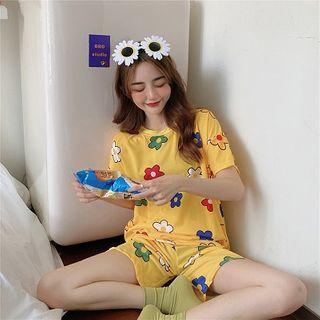 Set:printed Crewneck Short-sleeve Top + High-waist Shorts