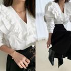 Puff-shoulder Frill-trim Blouse Ivory - One Size