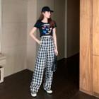 Butterfly Print Short-sleeve Cropped Top / Plaid Wide-leg Pants
