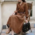 Long-sleeve Open-collar Corduroy Midi A-line Shirtdress