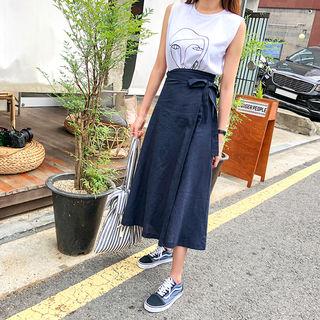 Tie-waist Linen Blend Long Wrap Skirt