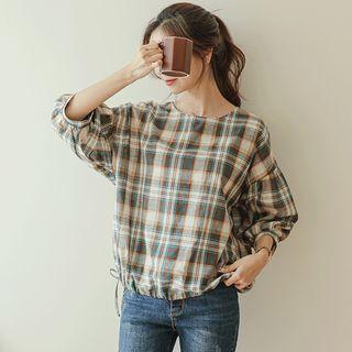 Balloon-sleeve Tie-hem Plaid Blouse