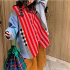 Color-block Check Striped Loose-fit Cardigan