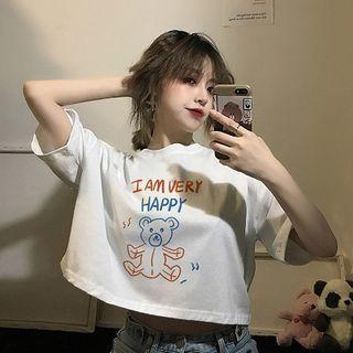Cartoon Bear Print Short-sleeve Cropped T-shirt