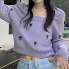 Square-neck Letter Embroidered Knit Top