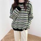 Round-neck Color-block Striped Knit Sweater