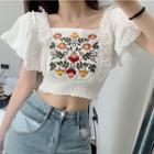 Ruffle-sleeve Embroidered Crop Top White - One Size
