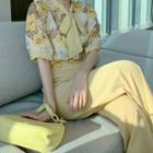 Set: Short-sleeve Floral Top + Dress Pants