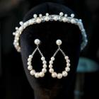 Set: Faux Pearl Wedding Headband + Drop Earring Set - Headband & 1 Pair - Stud Earring - White - One Size