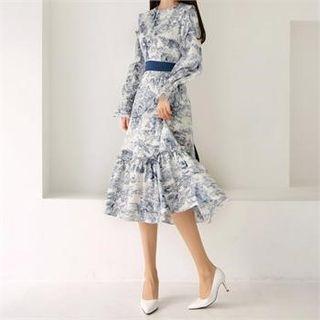 Tall Size Tie-neck Ruffle-hem Printed Dress