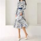 Tall Size Tie-neck Ruffle-hem Printed Dress