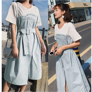 Mock Two Piece Short-sleeve Belted Dress