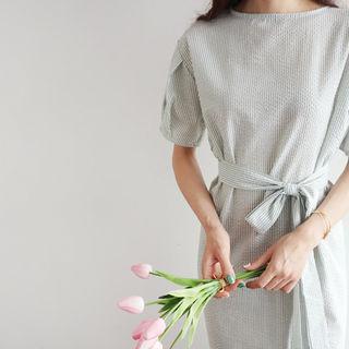 Pintuck-sleeve Pinstripe Long Dress With Sash