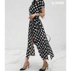 Hidden-button Tie-waist Dotted Shirtdress Black - One Size
