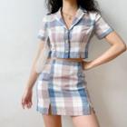 Set: Plaid Short-sleeve Blouse + Mini Pencil Skirt