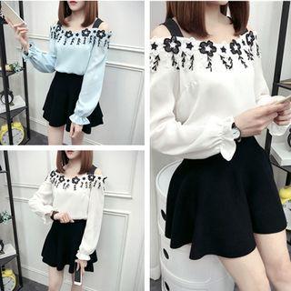 Cold-shoulder Floral Applique Chiffon Blouse