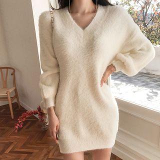 Fluffy Sweater Dress White - One Size