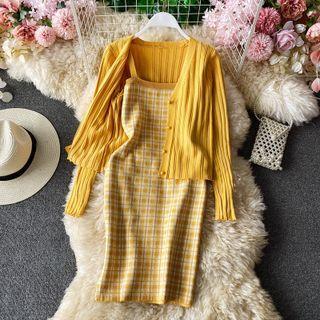 Set: Plain Knit Slipdress + Cardigan