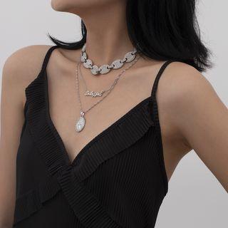 Set Of 3: Rhinestone Lettering Layered Necklace 476 - Silver - One Size