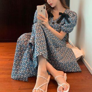 Puff-sleeve Print Dress Blue - One Size