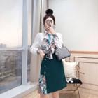 Set: Mock Two-piece Blouse + Asymmetric Mini A-line Skirt