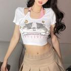 Short-sleeve Mock-two-pieces Cat Print Cropped T-shirt