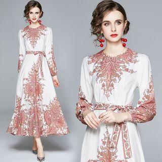 Printed Tie-waist Maxi A-line Dress