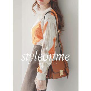 High-neck Bell-sleeve Lace Top Beige - One Size