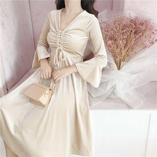 Plain Drawstring Long Sleeve Velvet Midi Dress