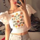 Cap-sleeve Floral Cropped Top White - One Size