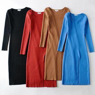 Side Vent Bodycon Plain Knit Dress