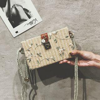Floral Embroidery Woven Crossbody Bag