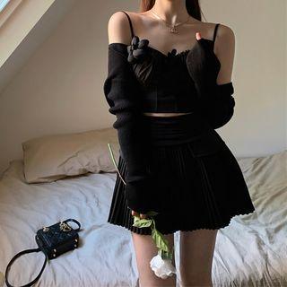 Flower Accent Cropped Camisole Top / Cardigan / Mini A-line Skirt